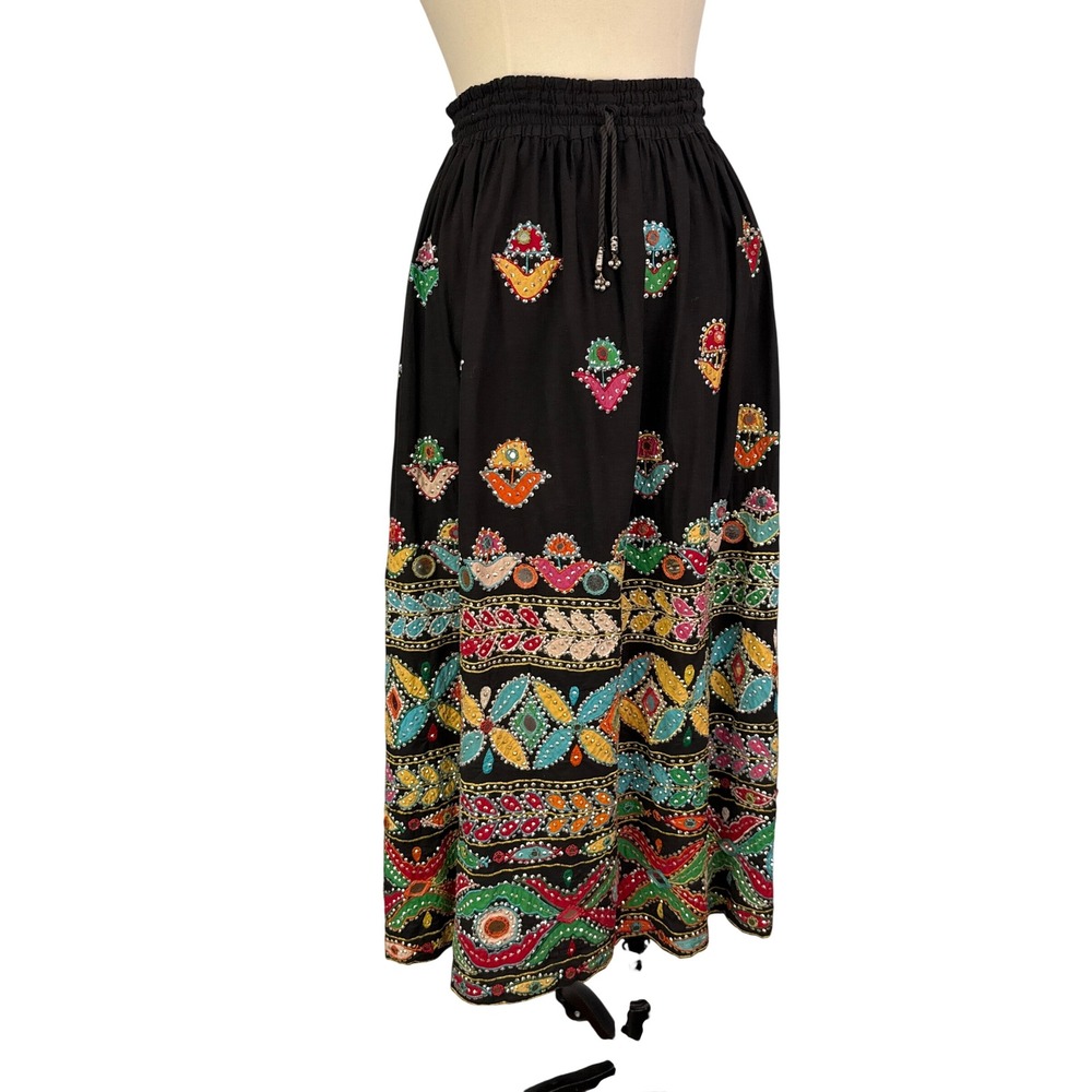 Other Destination Black Embroidered Mirrors Maxi Skirt Bohemian Cotton Size M